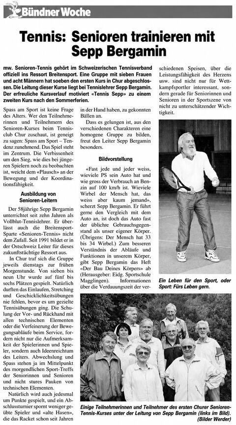 Zeitungsartikel «Tennis: Senioren trainieren mit Sepp Bergamin»